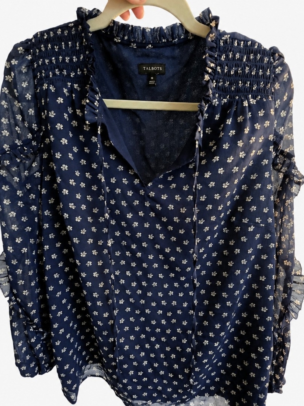 Talbots Navy Floral Smocked-Shoulder Peasant Blouse
